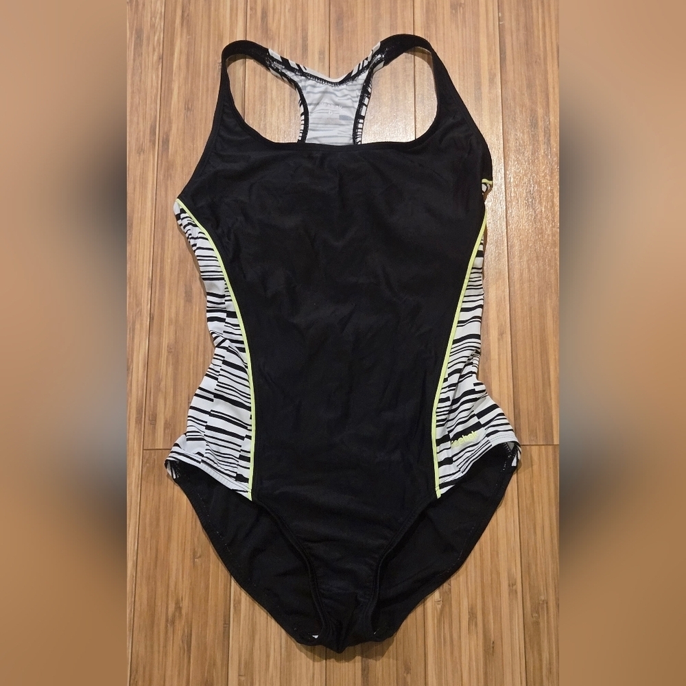 Reebok Black One-Piece Women's Swim Suit with Striped Side Panels